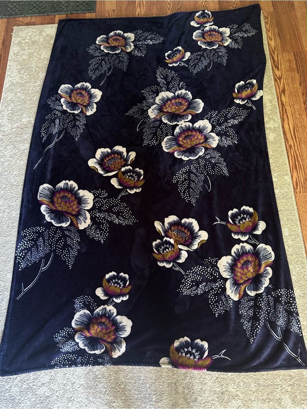 Floral Plush Throw Blanket in Navy with Multicolor Blooms